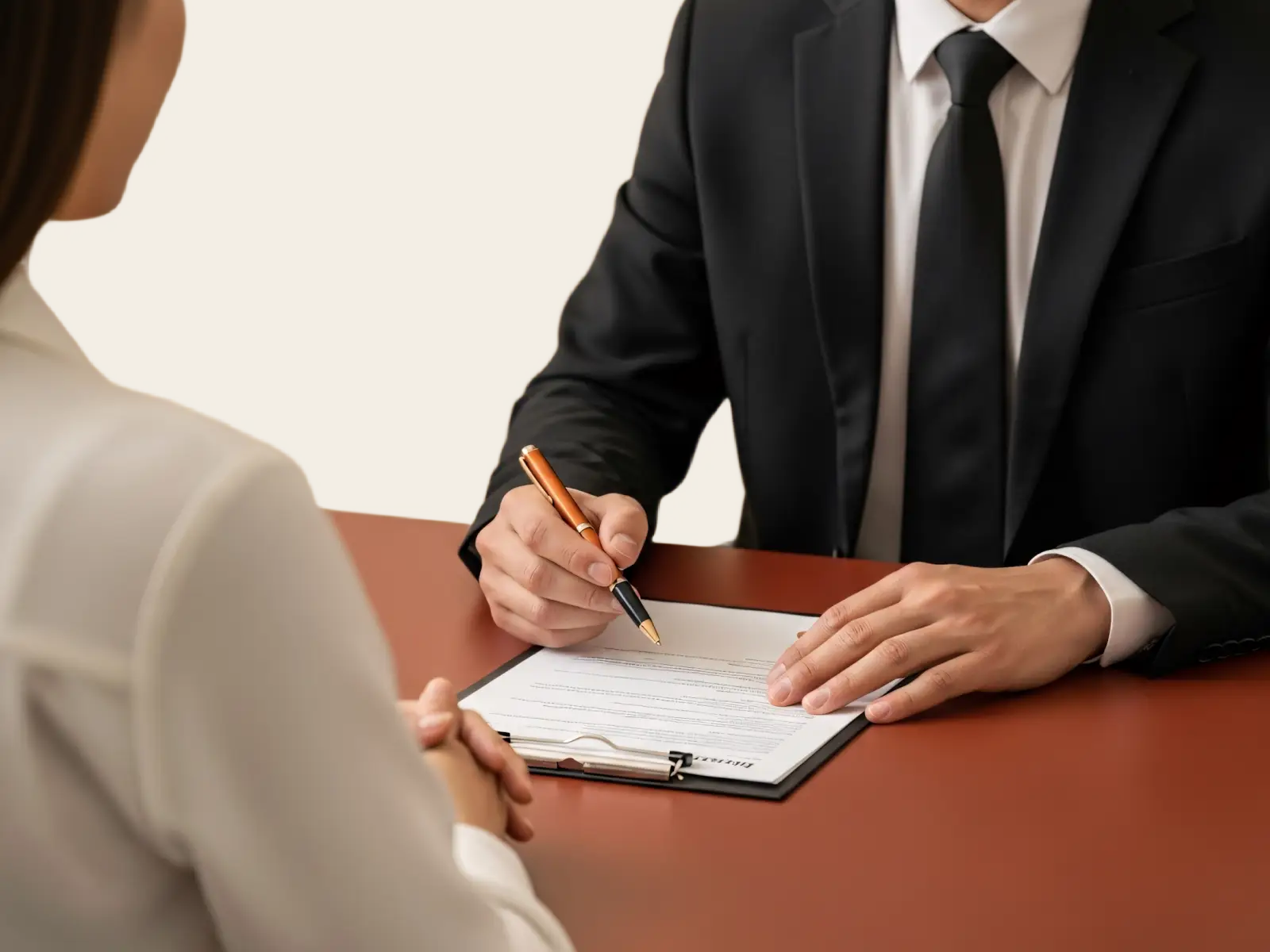 Businessman in a black suit points to a document on a clipboard during a meeting with a woman.