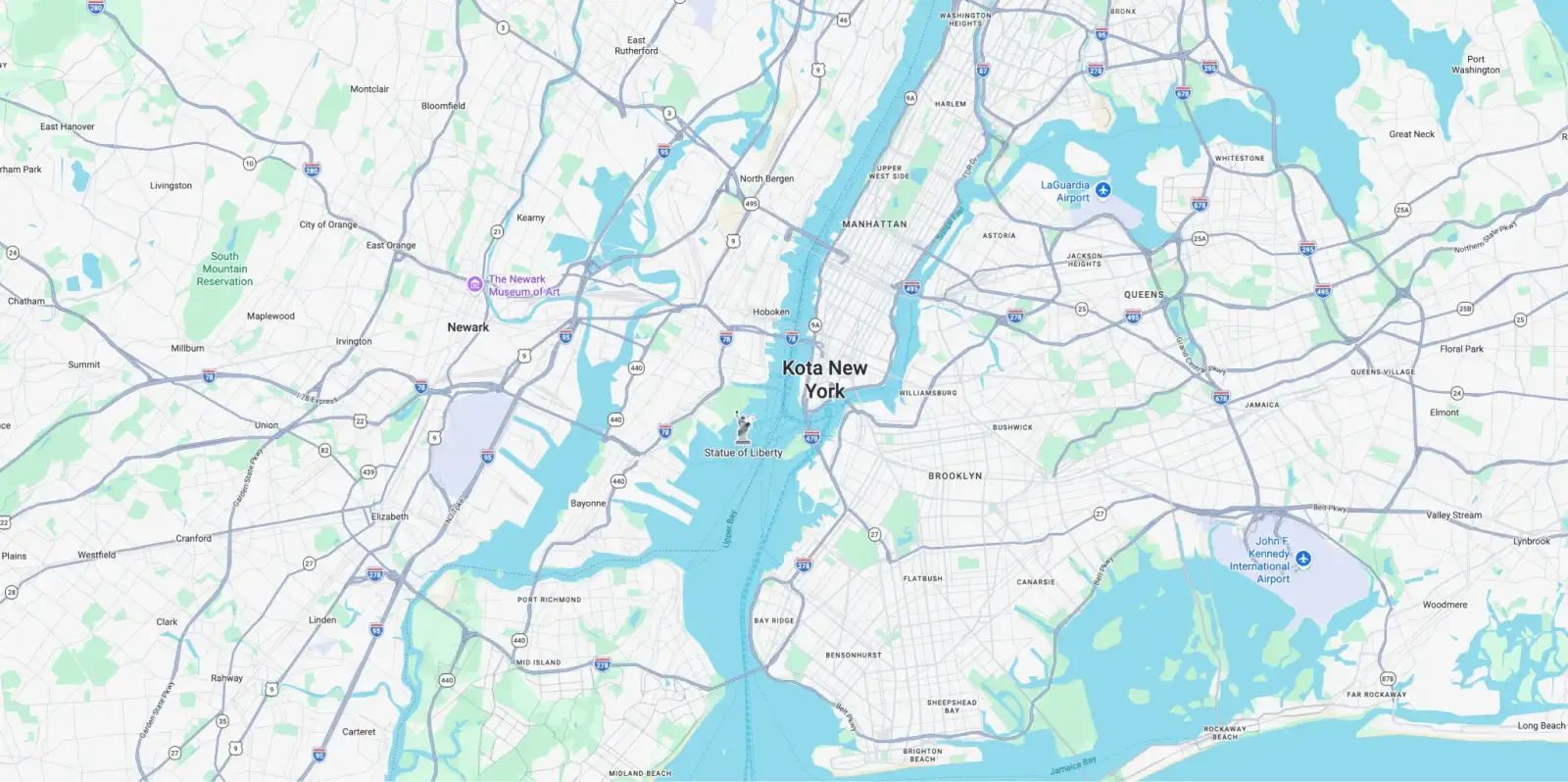 Map of New York City area showing Manhattan, Brooklyn, Queens, Newark, and major highways.
