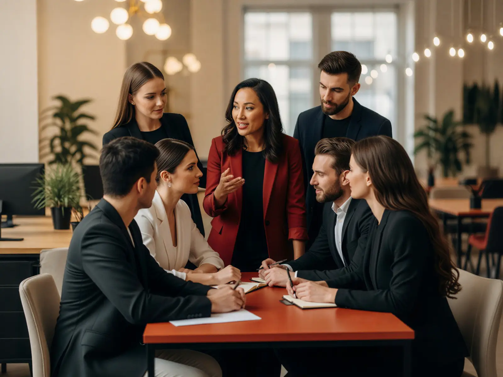 A diverse team in discussion during an office meeting