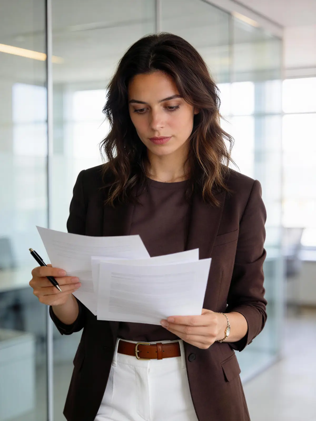 A businesswoman reviewing documents in an office