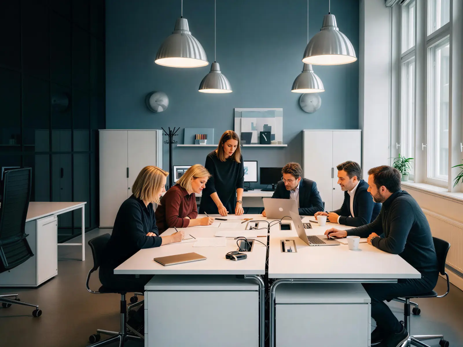 A team meeting around a table in a modern office
