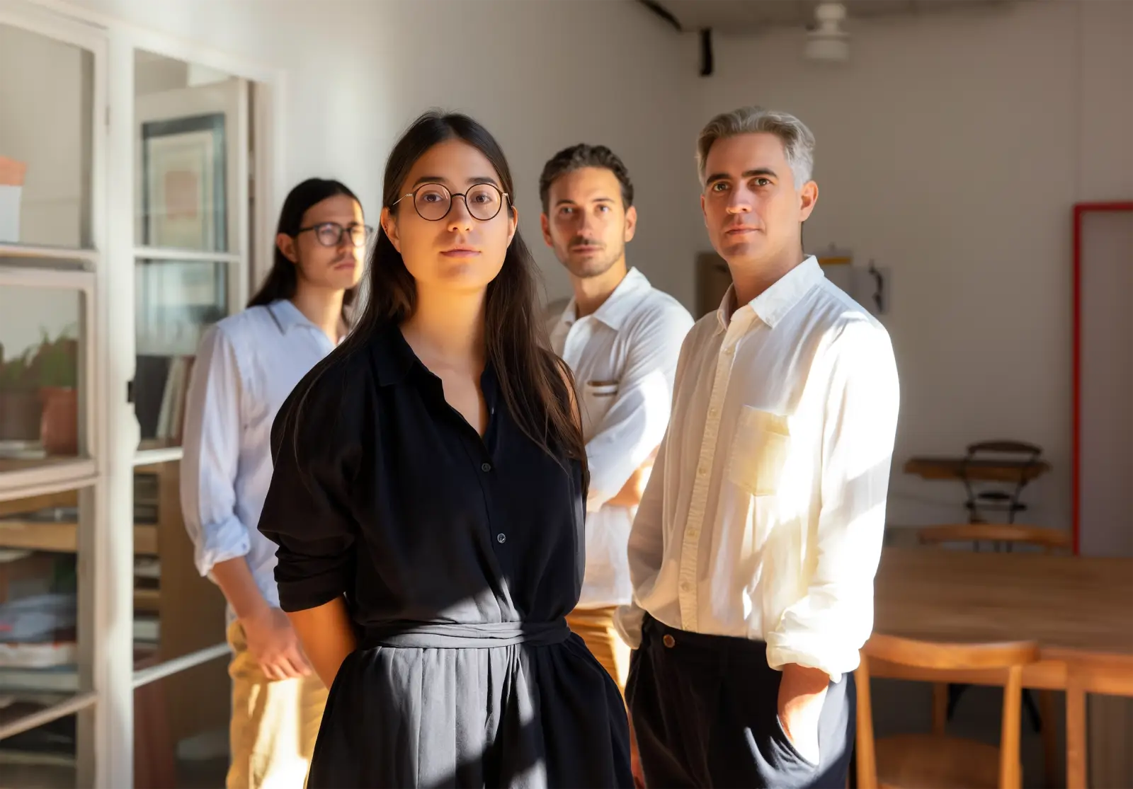 A group of business professionals standing in an office
