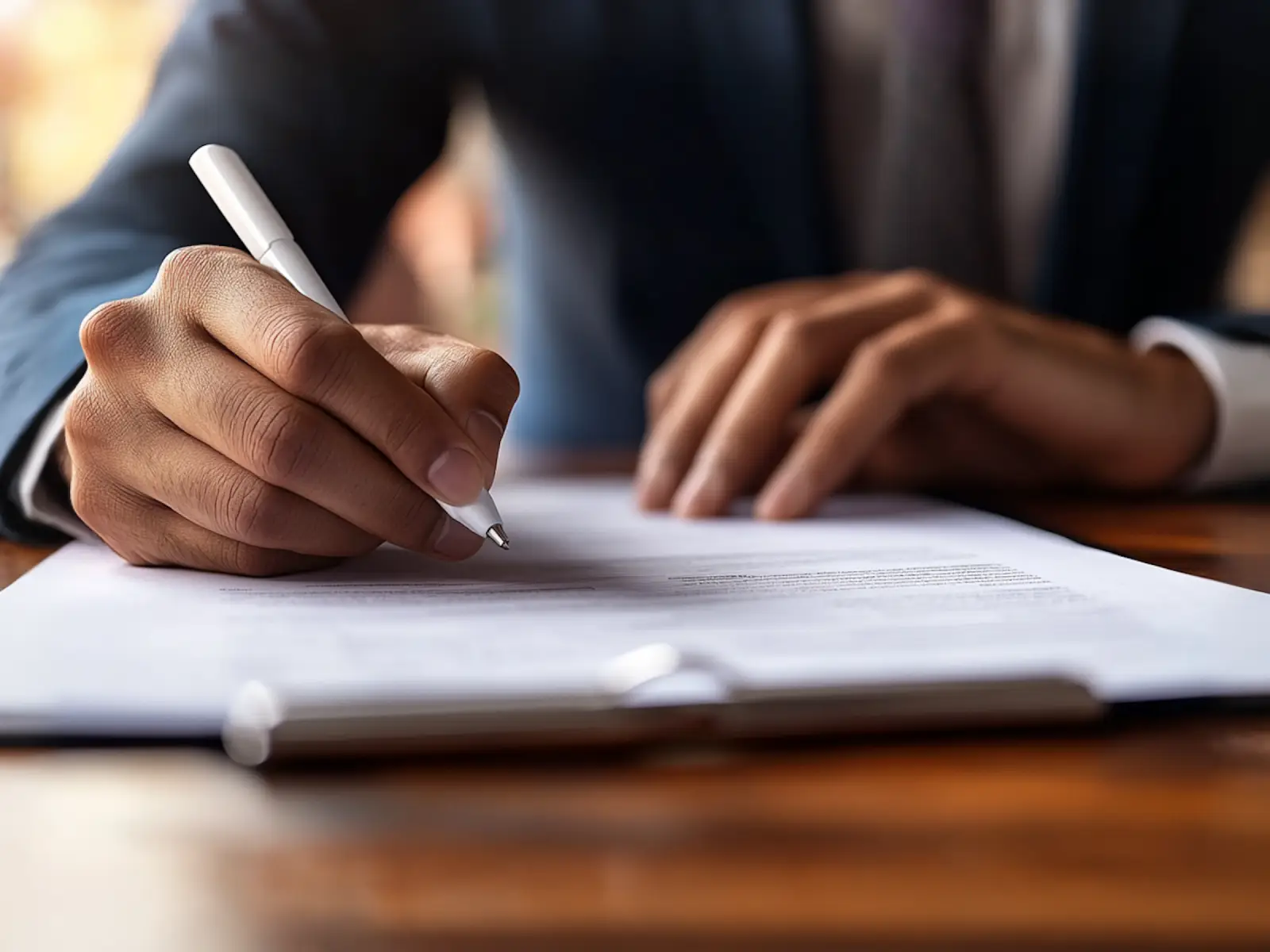 Close-up of hands writing on a document at a desk