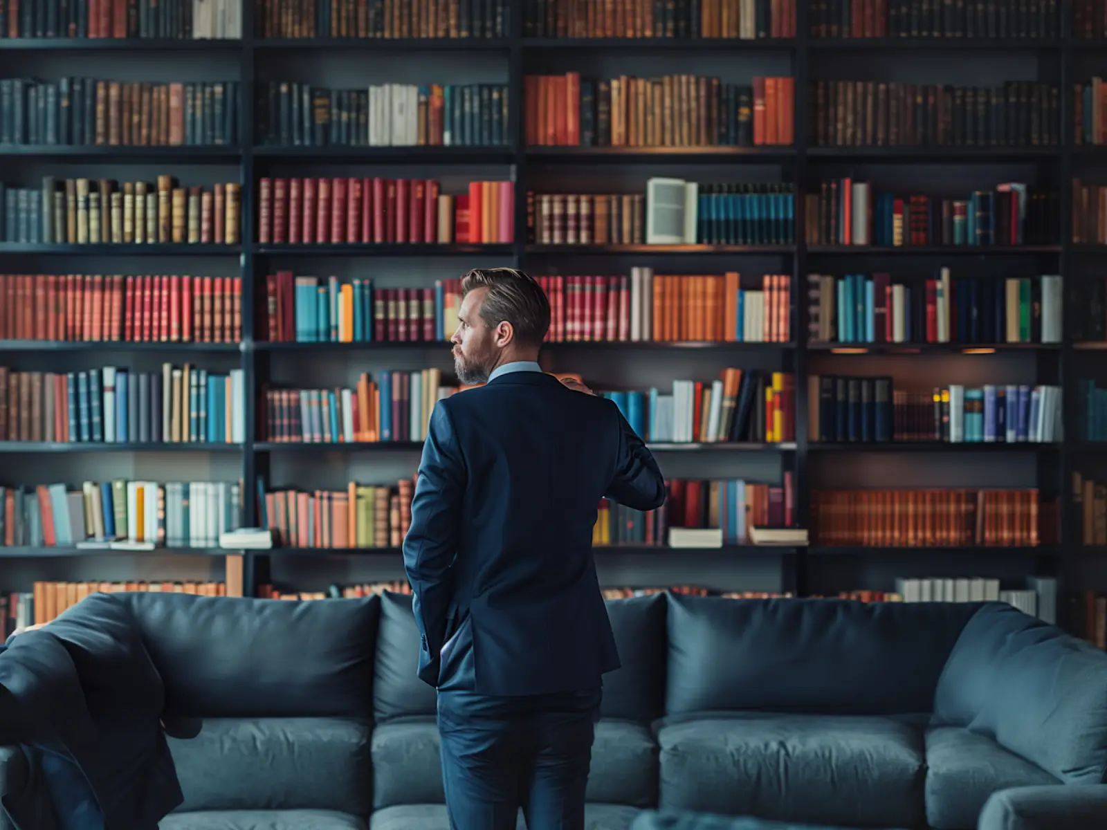 A man browsing a large wall of books in a library