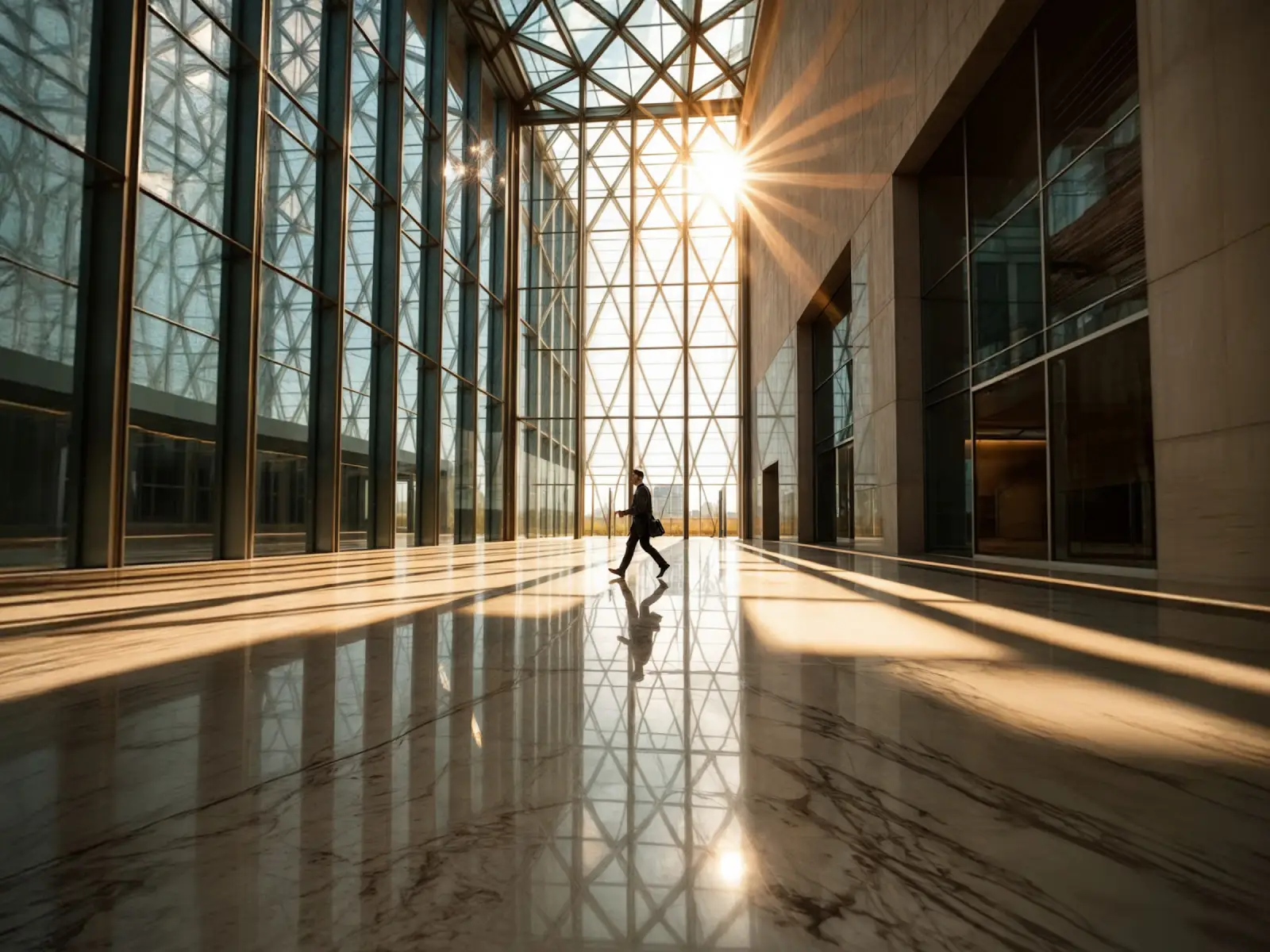 A person walking through a bright, modern glass corridor