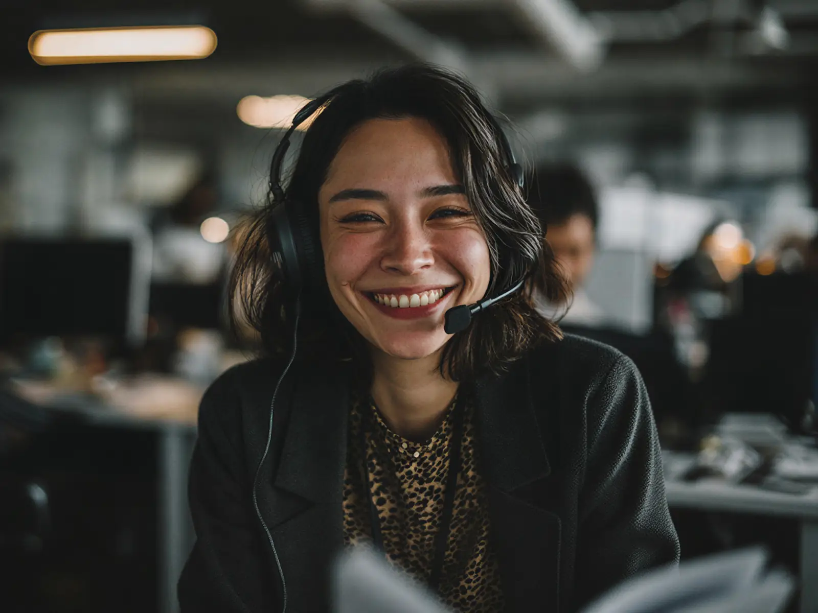 Smiling young woman wearing a headset with microphone, sitting in a dimly lit office environment.