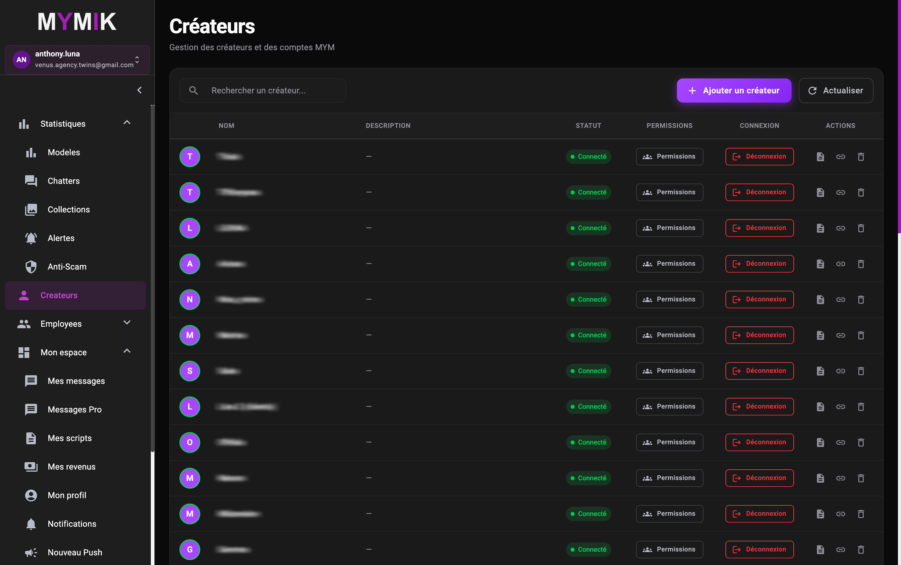 Interface de gestion des profils créateurs et agences sur Mymik