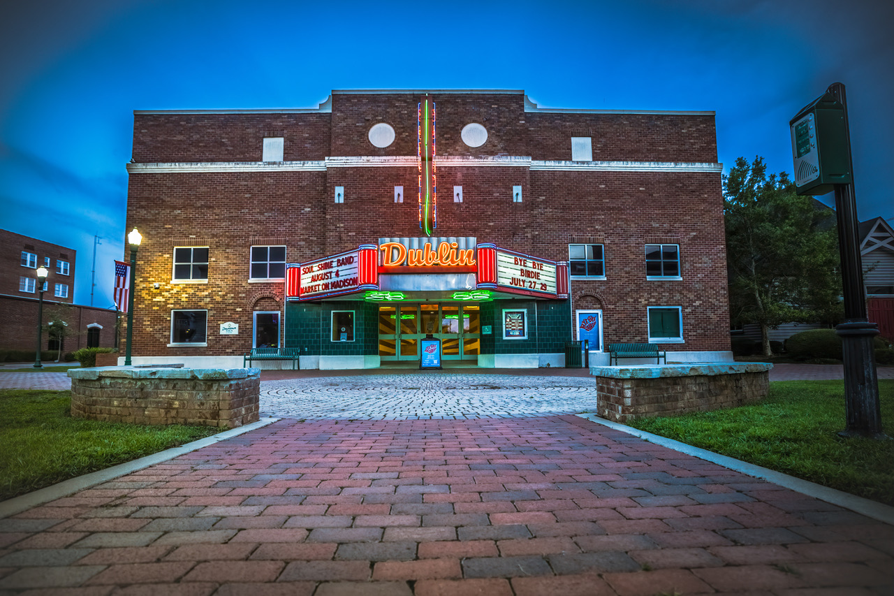 The illuminated Theatre Dublin marquee in Dublin, Georgia