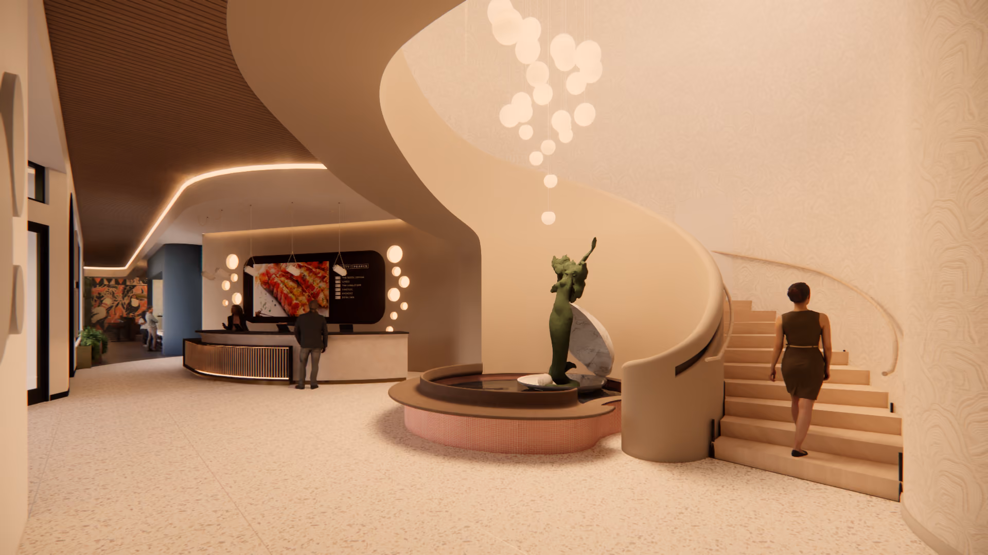 Modern lobby with a curved staircase, a green statue in a round water feature, a reception desk with two people, and decorative lighting on the ceiling and walls.