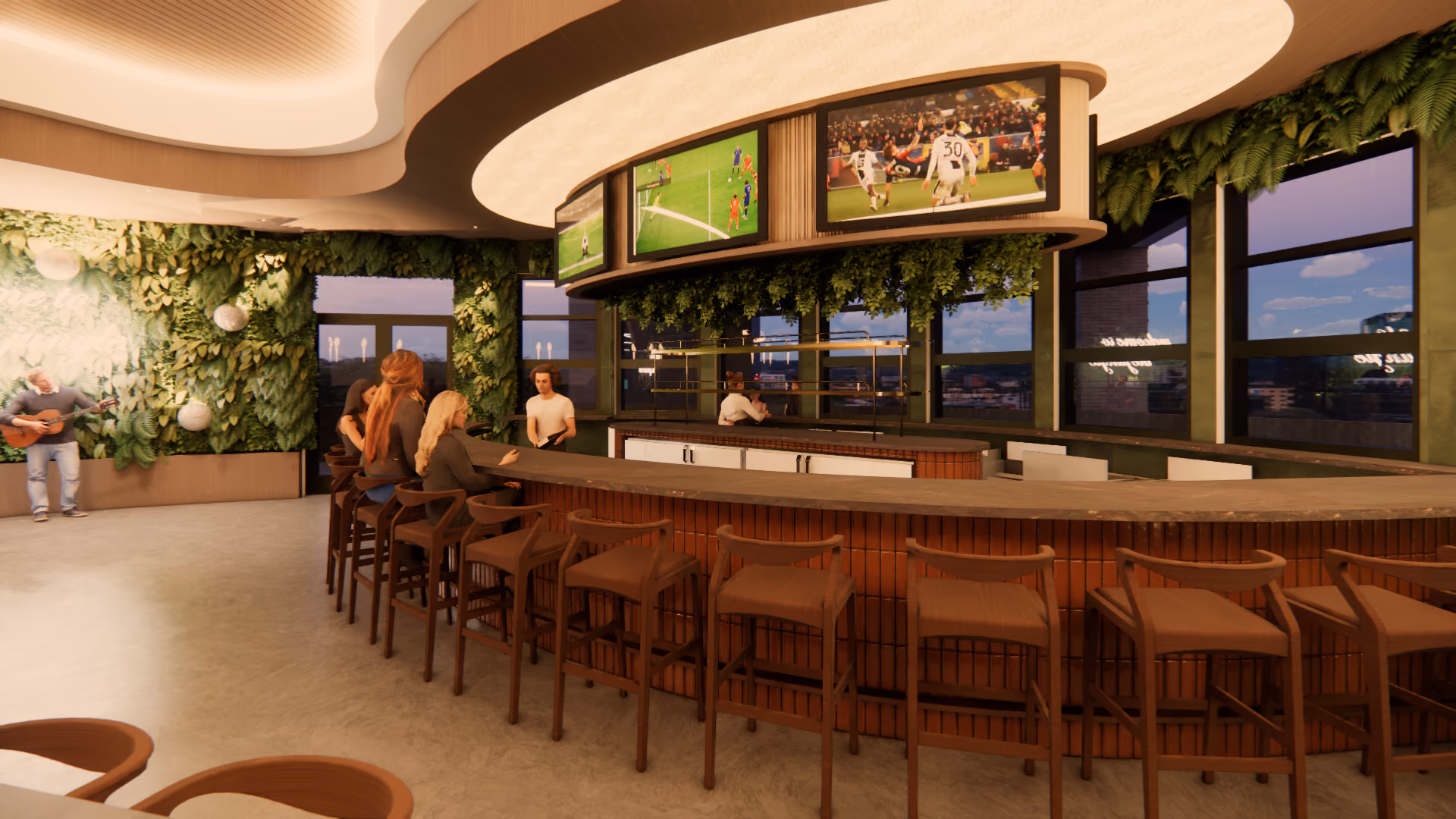 Modern sports bar with a curved wooden counter and high stools, featuring three overhead TVs showing a soccer game, green wall decor, and people sitting and socializing inside during evening light.