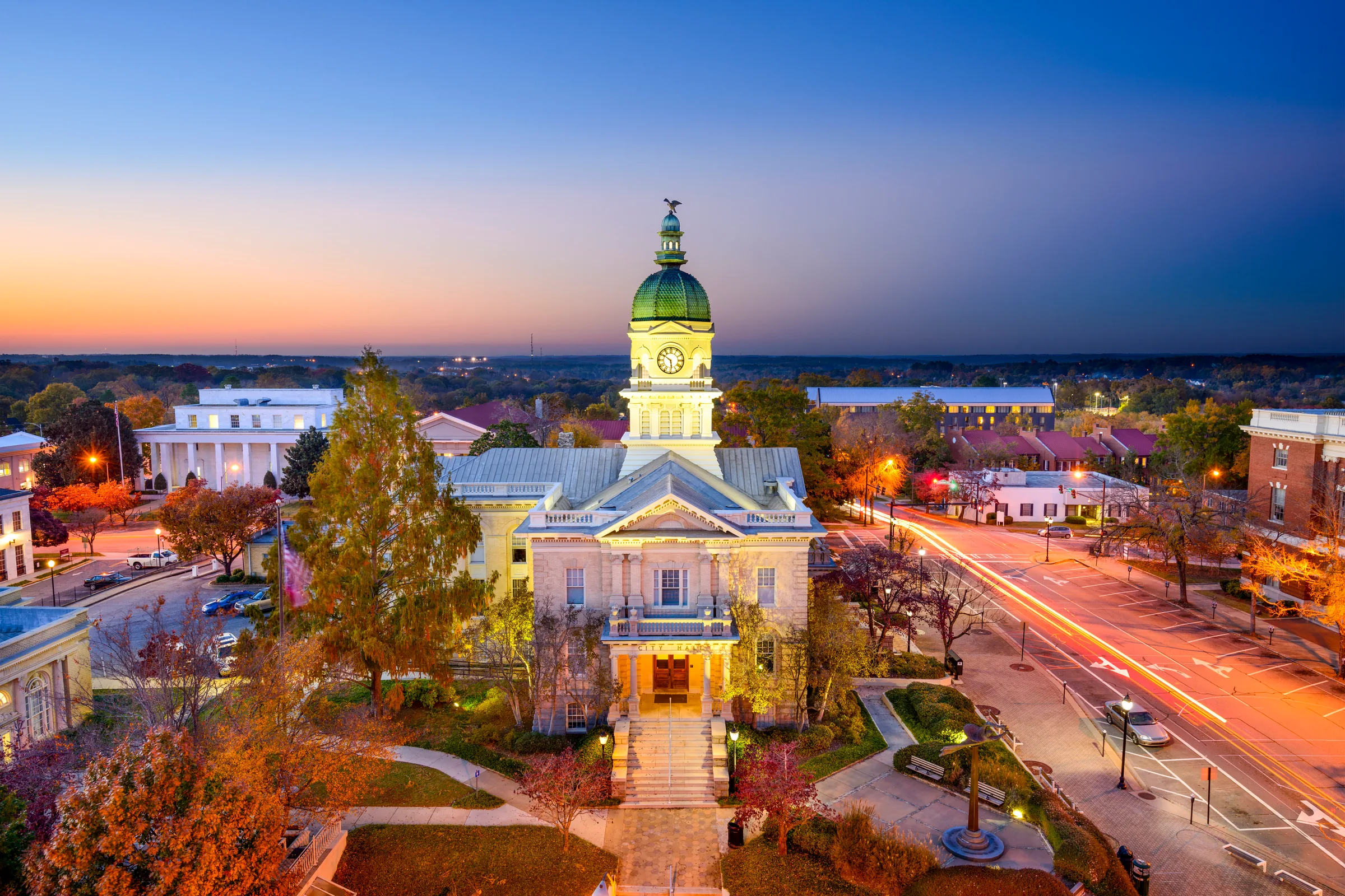 Historic county courthouse in downtown Adel, South Georgia at dusk