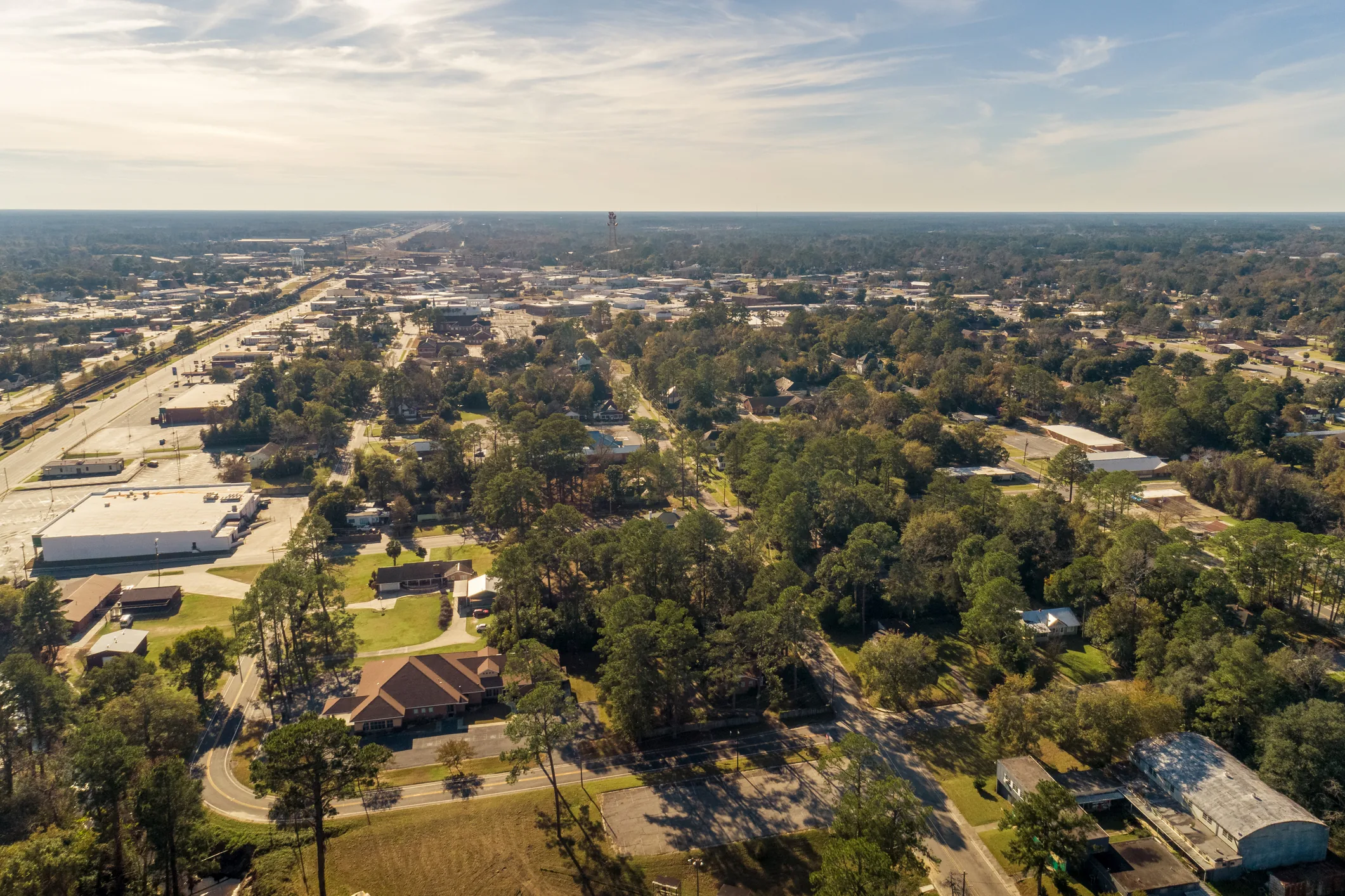 Aerial view of Adel, Georgia neighborhoods and tree canopy