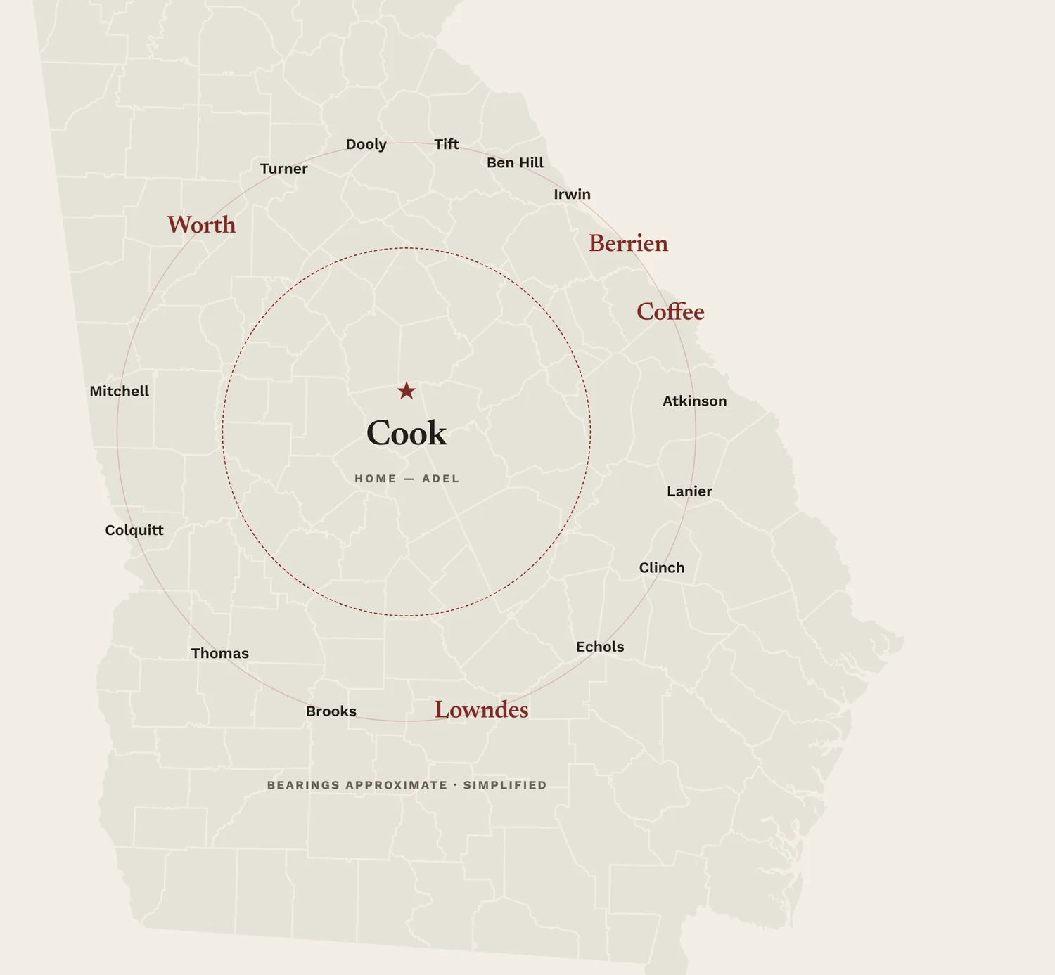 Map of the 18 South Georgia counties Carter, Carter & Carter serves, centered on Cook County and Adel