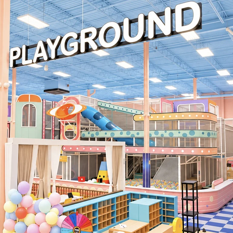 Multi-level play structure with a blue tube slide, ball pool and balloons under the playground sign