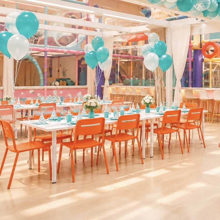 Merry Kids party setup with two long white tables surrounded by orange chairs, decorated with blue and white balloons, party hats, cups, and floral centerpieces in a play area with colourful climbing structures in the background.