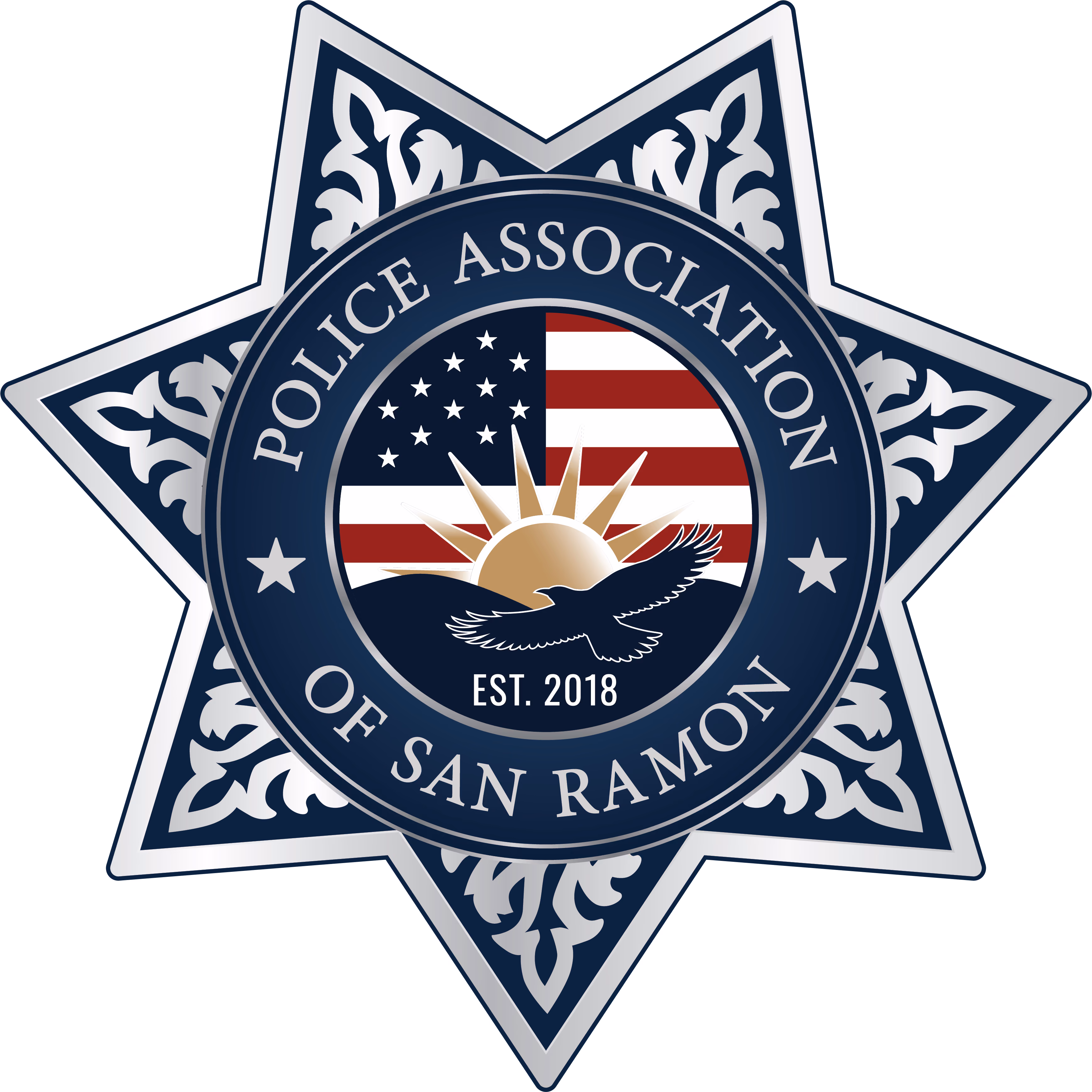 Badge-shaped emblem with the text 'Police Association of San Ramon' encircling an American flag, sun rising, and eagle illustration, with 'Est. 2018' below the eagle.