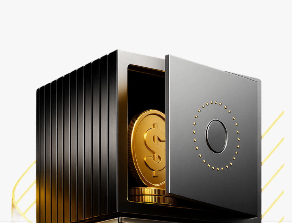 Open safe holding a gold coin