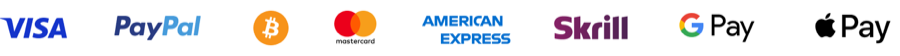 Visa, PayPal, Bitcoin, Mastercard, American Express, Skrill, Google Pay and Apple Pay