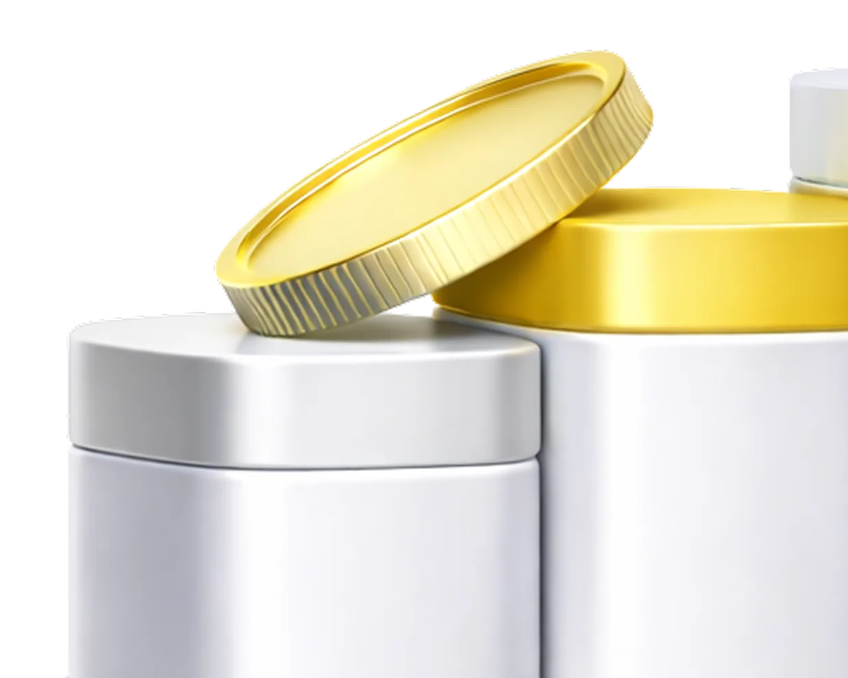 Gold coin resting against white cylinders