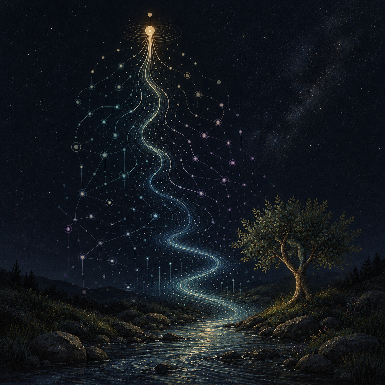 BrainStory visualization showing a luminous networked river beneath a starry sky