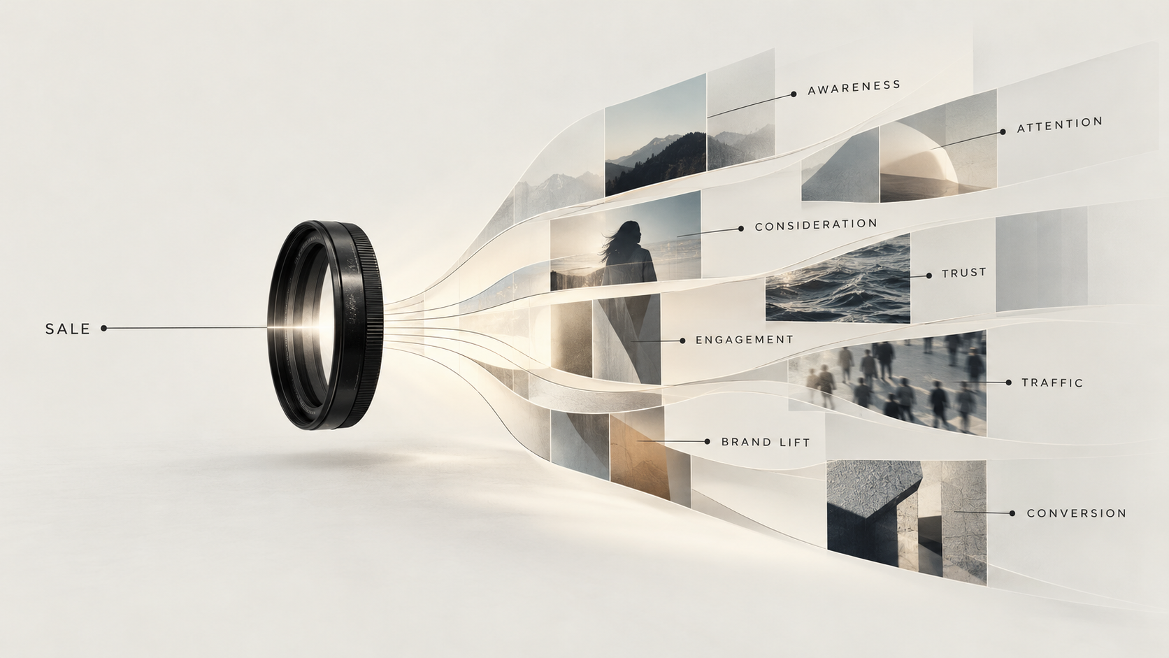 Conceptual illustration showing a sales metric expanding through a lens into multiple creator-media outcomes including awareness, attention, consideration, trust, engagement, brand lift, traffic and conversion.