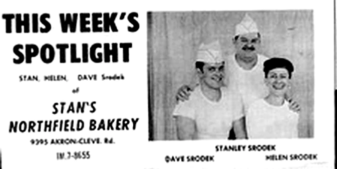 A 1960s newspaper spotlight on Stan's Northfield Bakery naming Stan, Helen and Dave Srodek, with the address 9395 Akron-Cleve. Rd. and the telephone exchange IN 7-8655