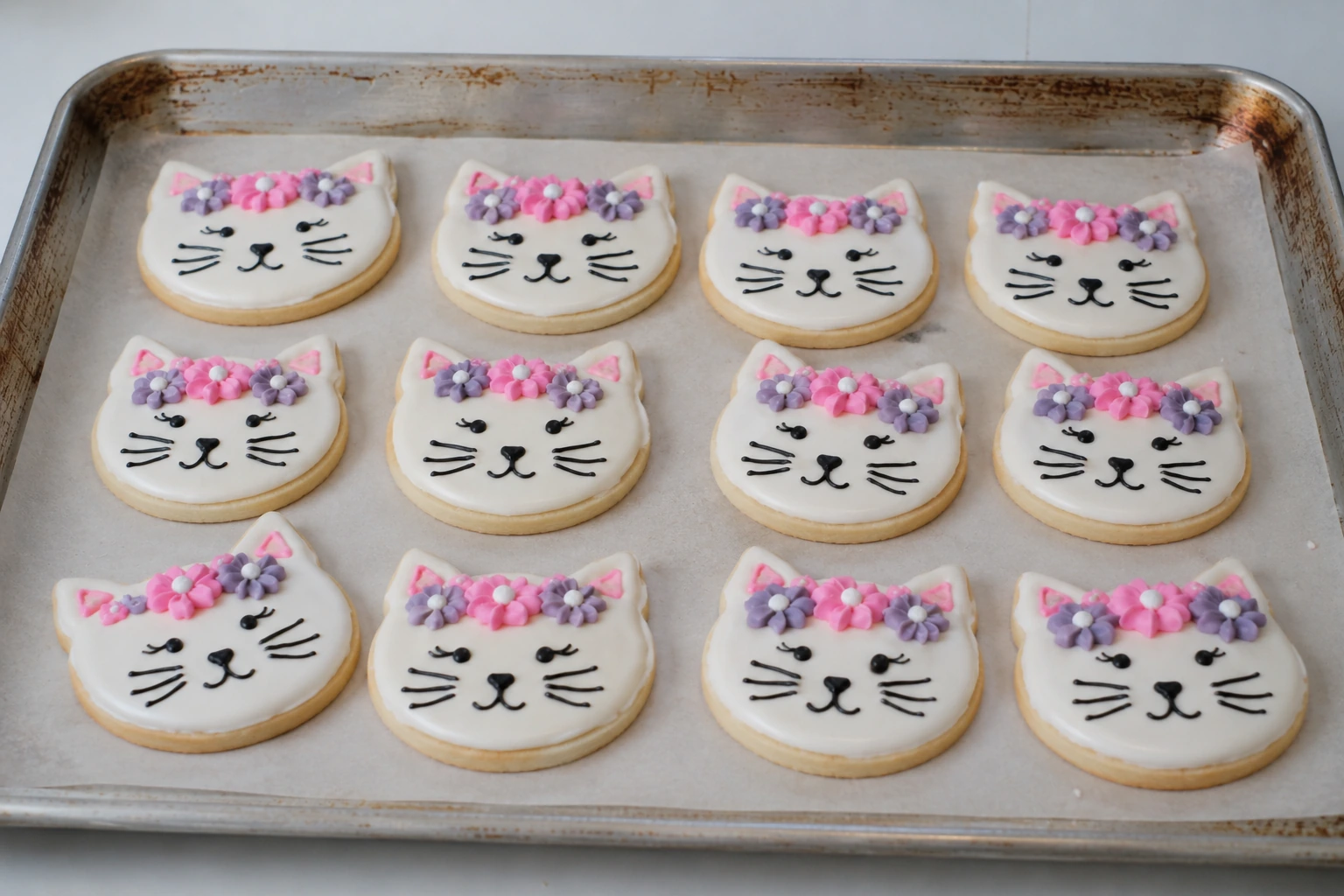 Cookies iced as cat faces wearing flower crowns