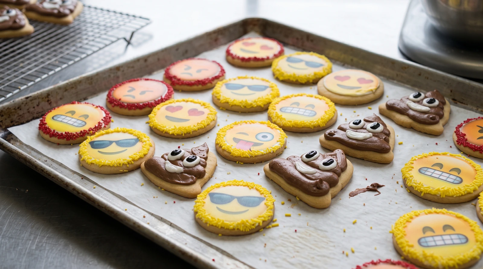 Sugar cookies iced as emoji faces with sprinkle borders, on a bakery tray