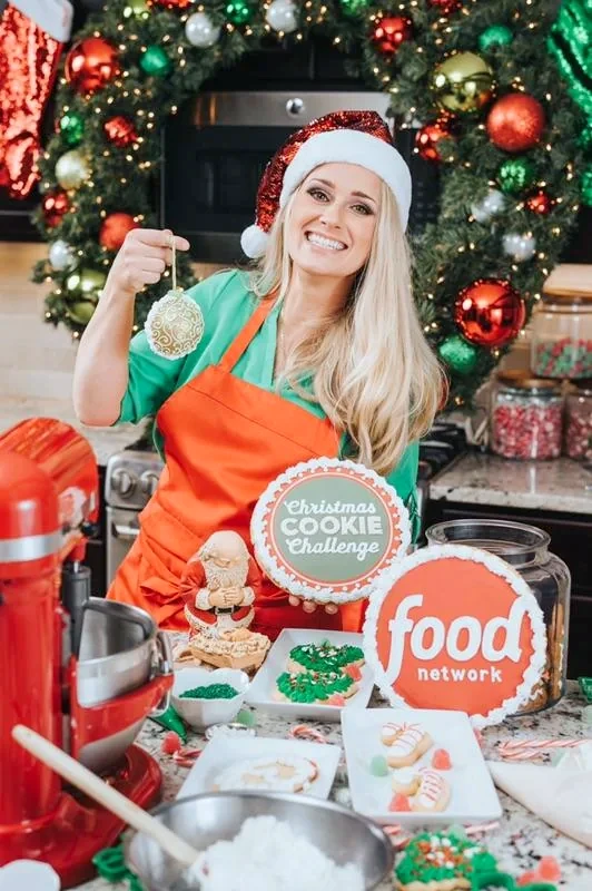 Leslie on the set of Food Network's Christmas Cookie Challenge