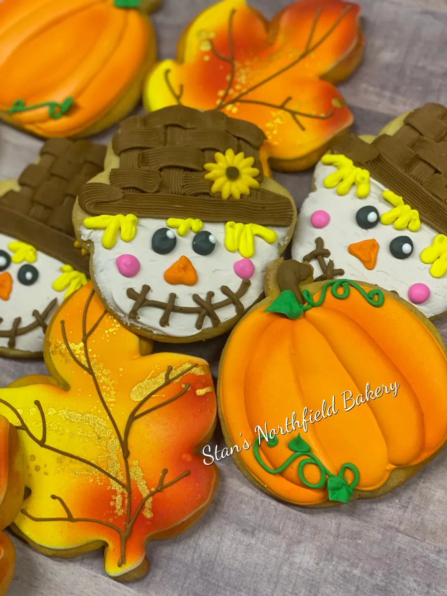Scarecrow, leaf and pumpkin cookies