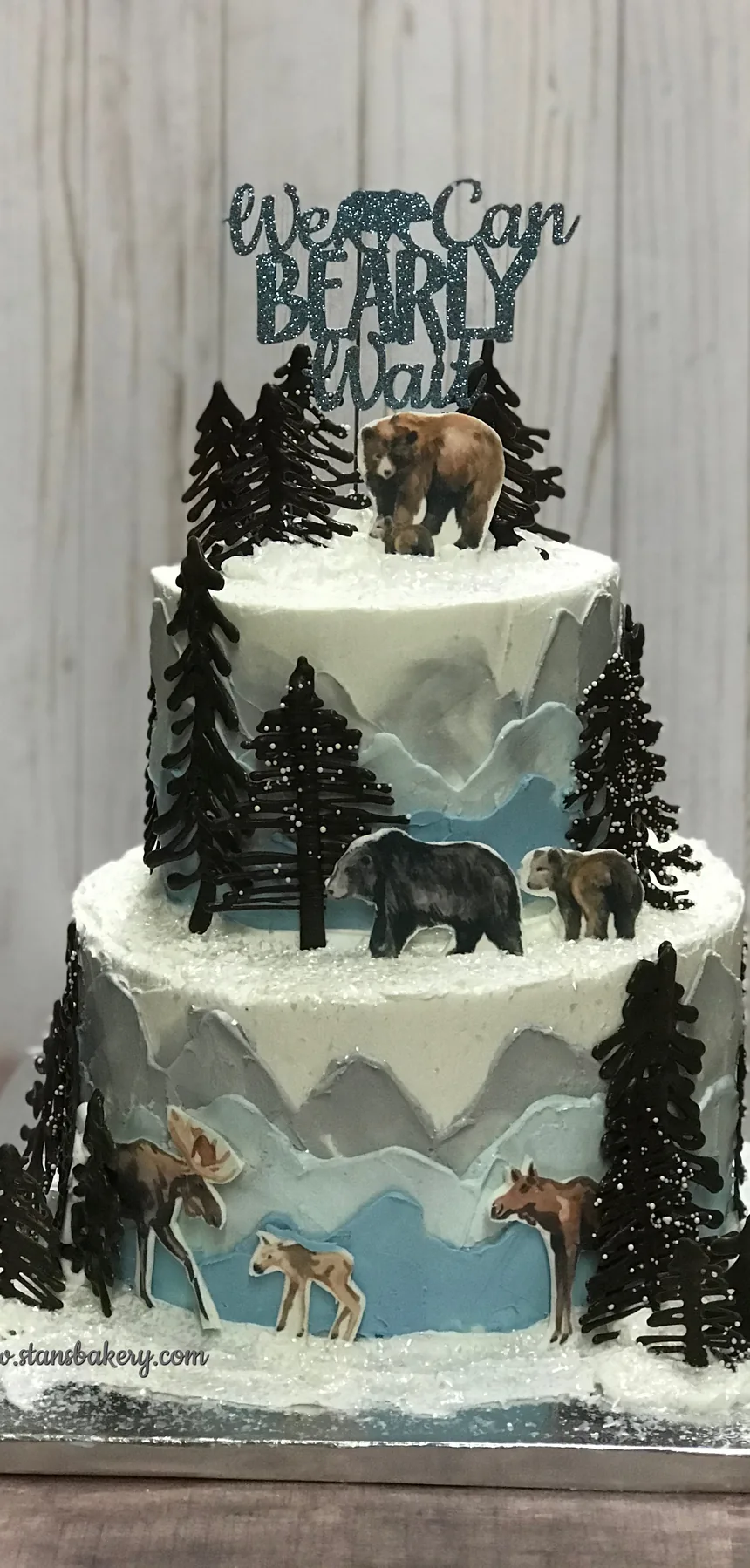 A woodland-themed specialty cake decorated for a baby shower