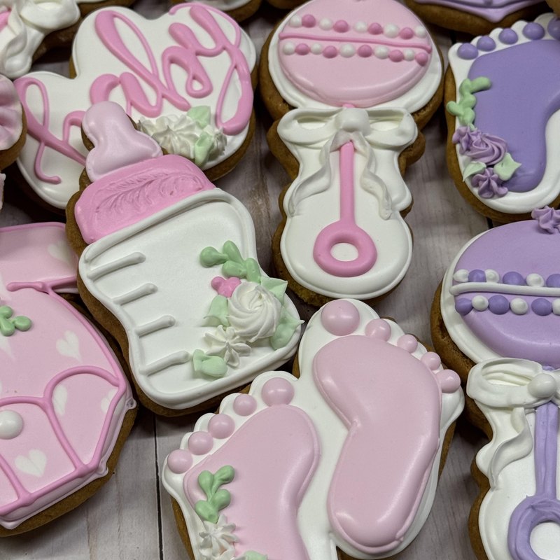 Pink and purple baby shower cookies