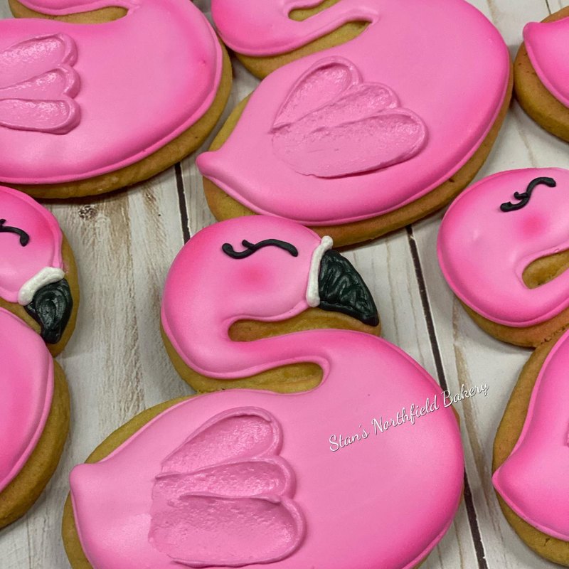 Flamingo sugar cookies in pink royal icing