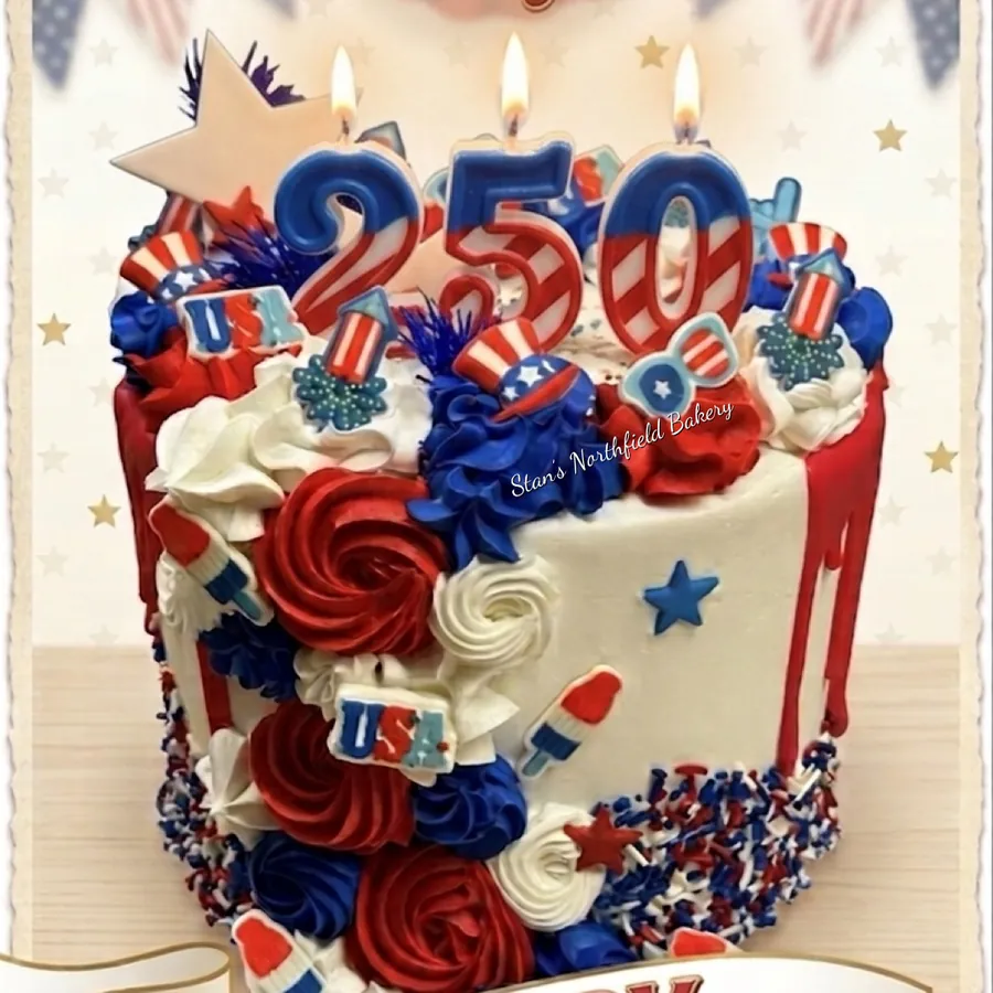 A red, white and blue Fourth of July cake with a 250 topper