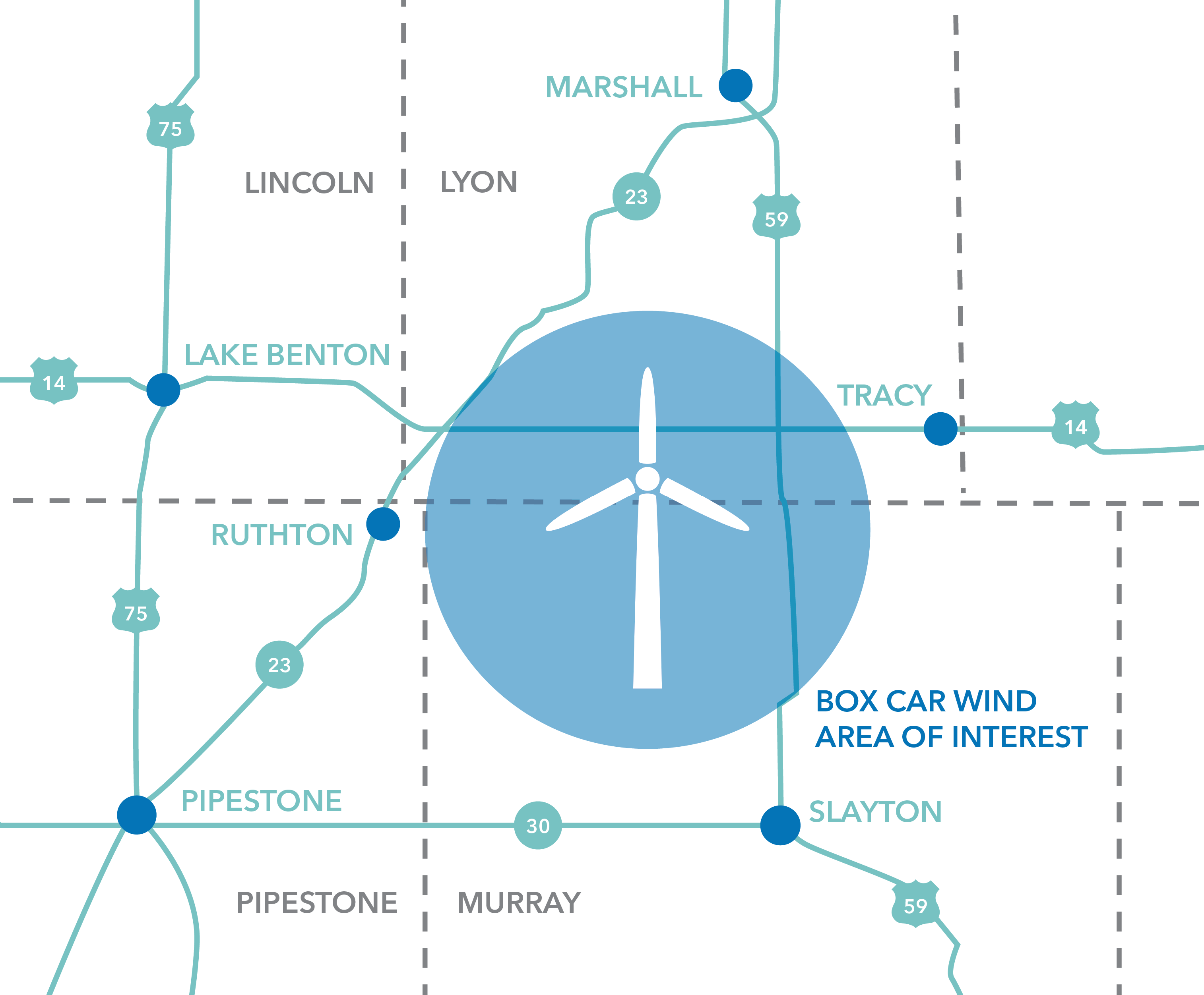 Map showing the Box Car Wind Area of Interest centered by a wind turbine icon, surrounded by towns including Lake Benton, Ruthton, Pipestone, Marshall, Tracy, and Slayton, with highways 14, 23, 30, 59, and 75 marked.