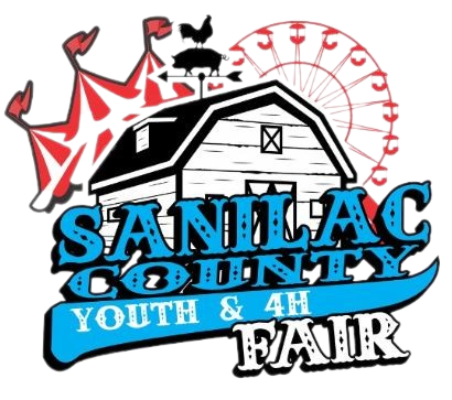 Logo for Sanilac County Youth & 4H Fair featuring a barn with a weather vane, a Ferris wheel behind it, and red carnival tents, with the fair name in bold stylized letters.