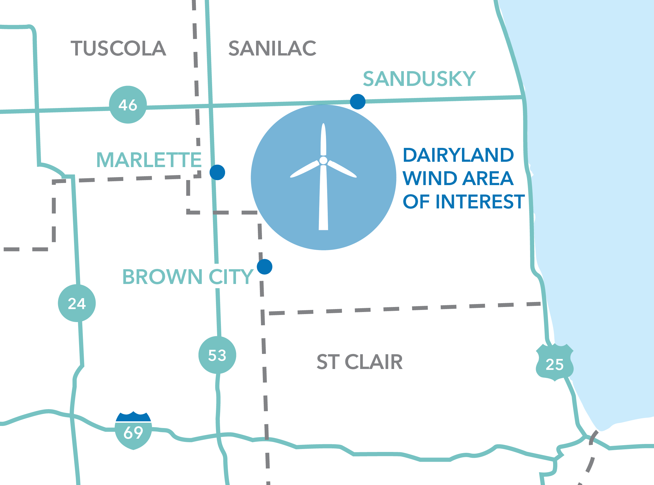 Map highlighting Dairyland Wind Area of Interest near Sandusky, Marlette, and Brown City in Michigan.