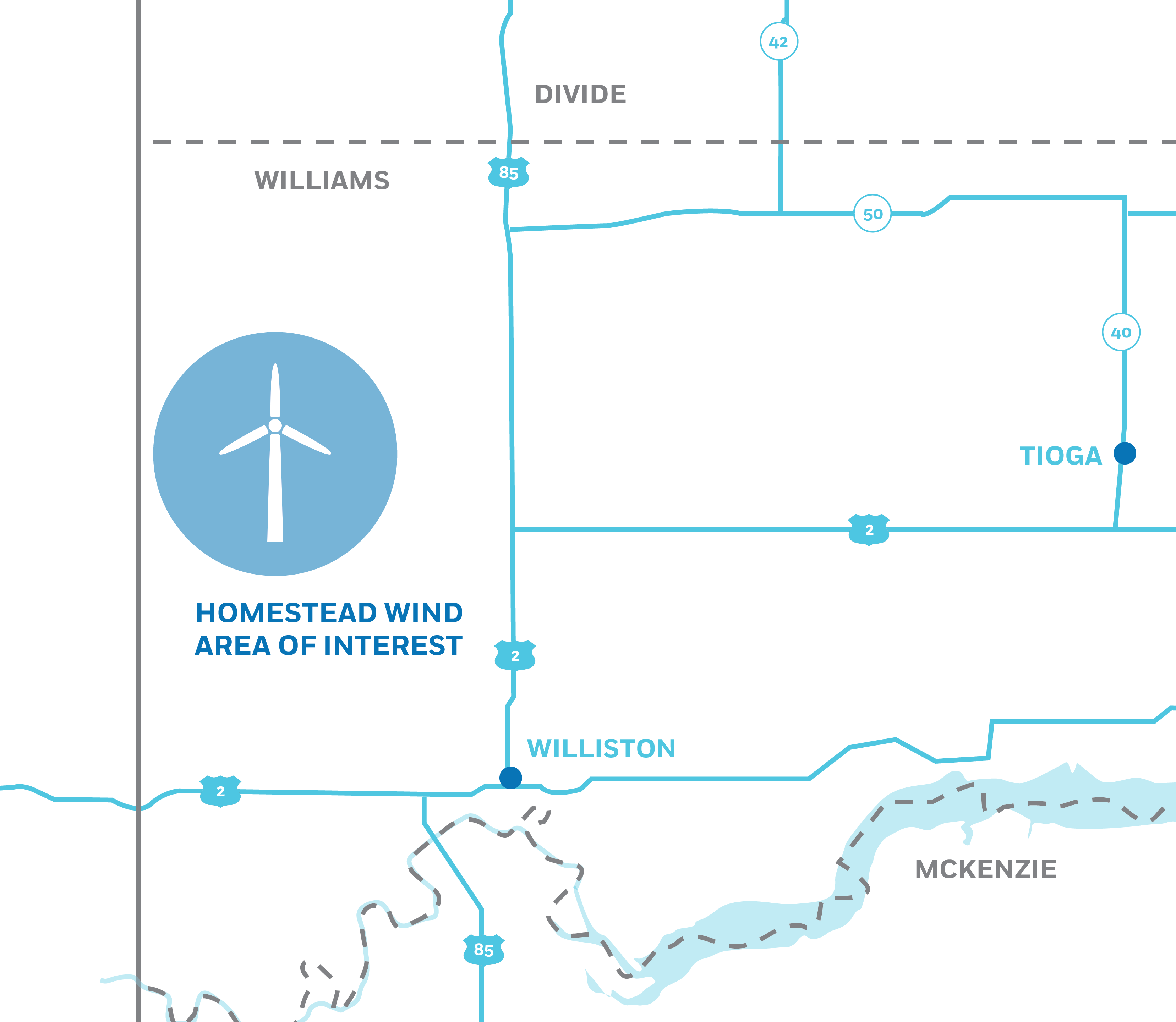 Map highlighting Homestead Wind area of interest in Williams County, North Dakota, near Williston and Tioga, showing highways 2, 85, 50, 42, and 40, and the McKenzie County area with a river.