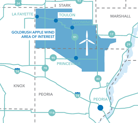Map highlighting the Goldrush Apple Wind area of interest in northeastern Illinois, covering parts of La Fayette, Toulon, Wyoming, and Princeville with major roads and highways marked, including Interstate 74 and routes 34, 40, 74, 78, 90, 91, 93, 116, 17, and 29.