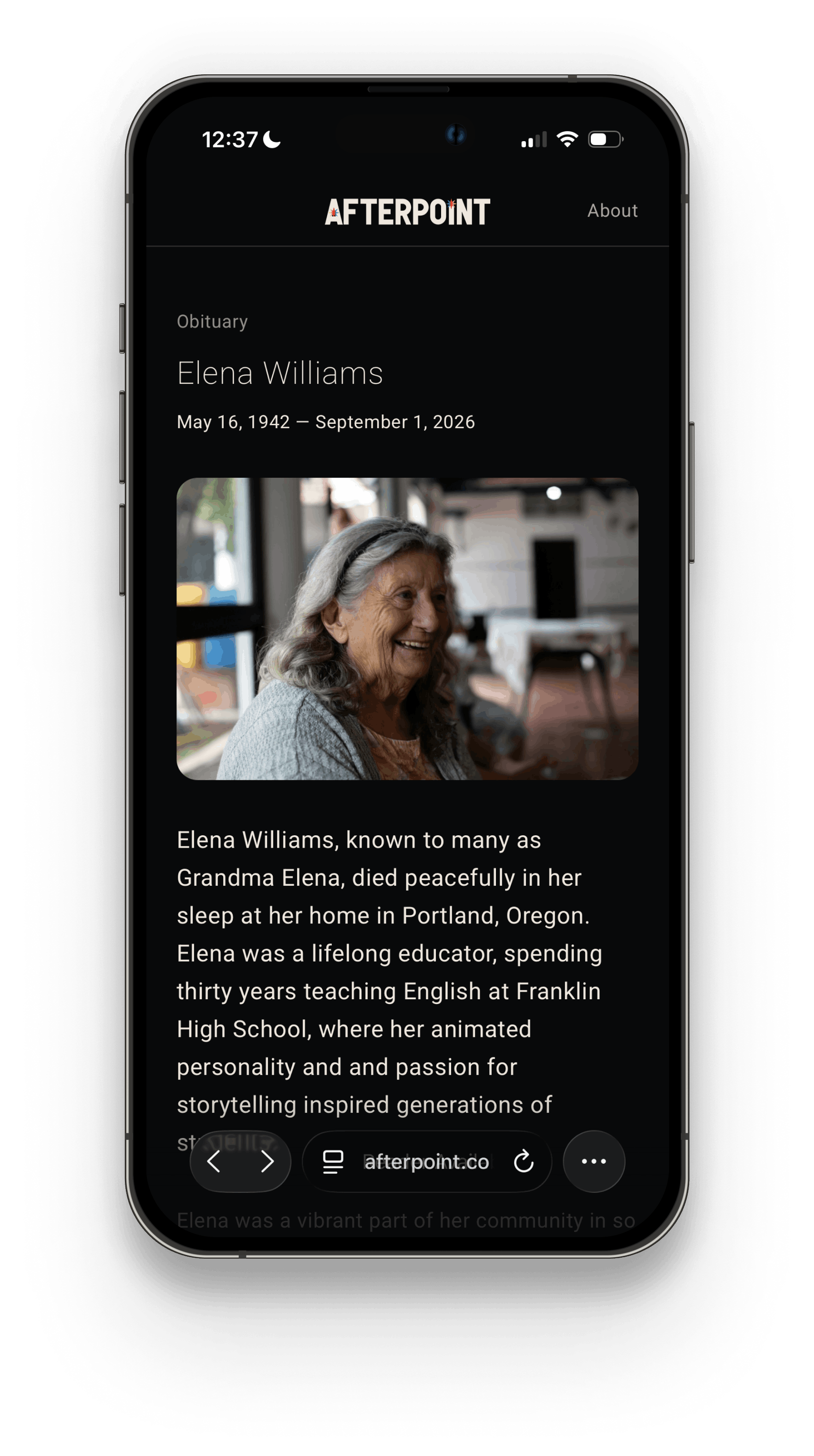 Mobile screen showing an obituary for Elena Williams with dates May 16, 1942 – September 1, 2026, featuring a photo of an elderly woman with gray hair smiling indoors, and an introductory text about her life as an educator in Portland, Oregon.