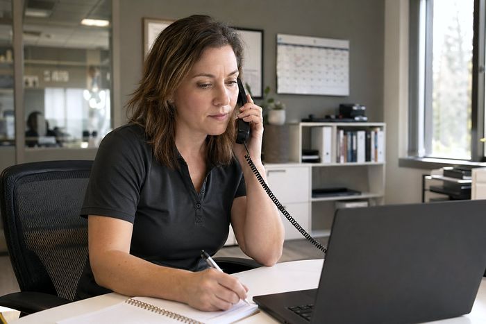 A Biotech Recovery coordinator taking an emergency call at her desk