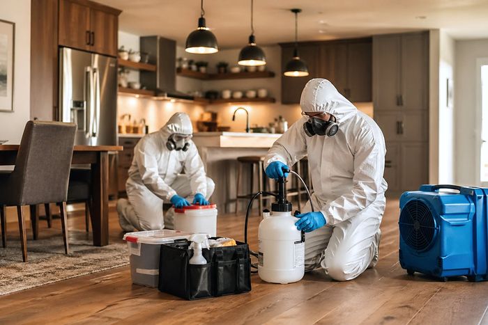 Two technicians in protective equipment decontaminating a kitchen