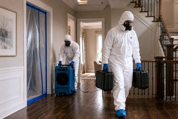 Technicians entering a home with equipment and containment sheeting already in place