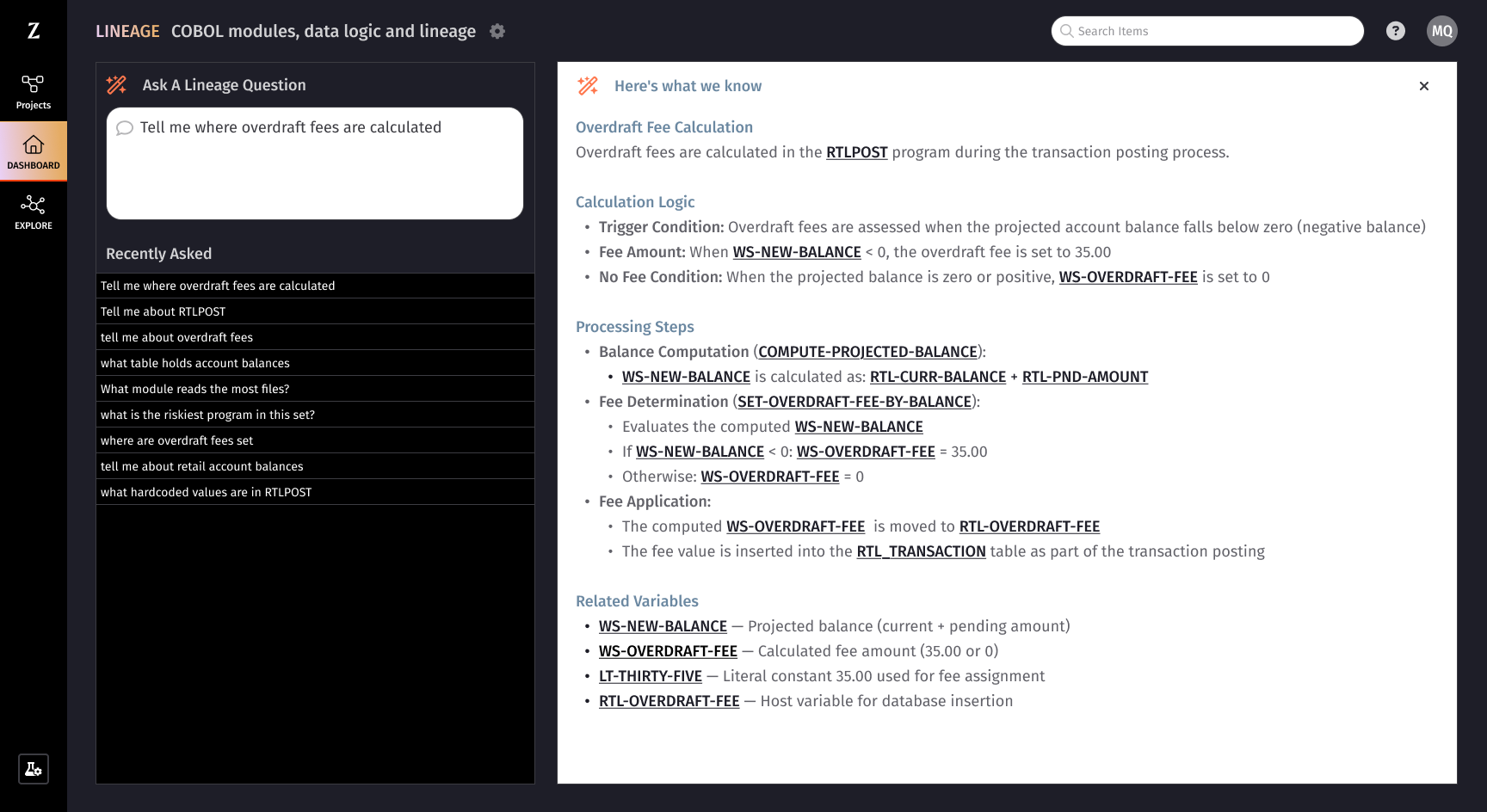 Zengines LINEAGE — asking 'Tell me where overdraft fees are calculated' returns a plain-English business summary: the calculation logic, the processing steps, and the variables involved