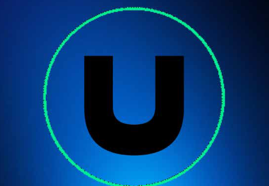 Large black letter U centered inside a bright green circle on a blue gradient background.