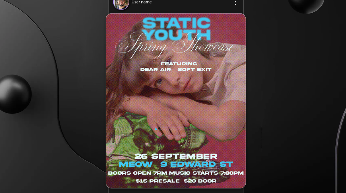 Poster for Static Youth Spring Showcase featuring Dear Air and Soft Exit with a photo of a person leaning on their folded arms. The event is on 26 September at Meow, 9 Edward St, doors open 7PM, music starts 7:30PM, $15 presale, $20 door.