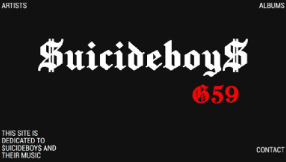 Black background with ‘Suicideboys’ in white gothic font and ‘659’ in red below it, navigation links labeled ARTISTS, ALBUMS, CONTACT, and a dedication text to Suicideboys and their music at the bottom left.