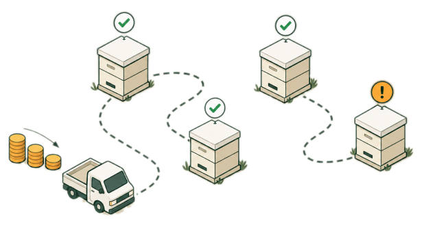 Illustration of a truck of costs driving between hives, most fine and one needing attention
