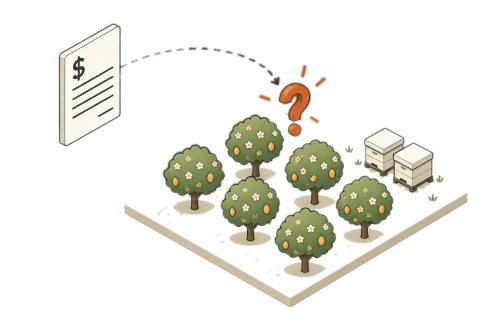 Illustration of an invoice pointing to an orchard with a question mark over the hives