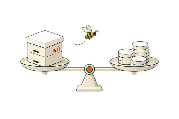 Illustration of a hive and coins balanced on a scale